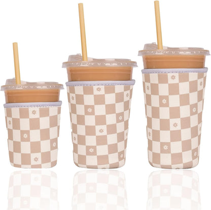 Reusable Insulated Neoprene Iced Coffee Cup Sleeve, Durable Drink Sleeve for Cold Beverages, Beverage Holder for Iced Coffee (Floral Checkers)