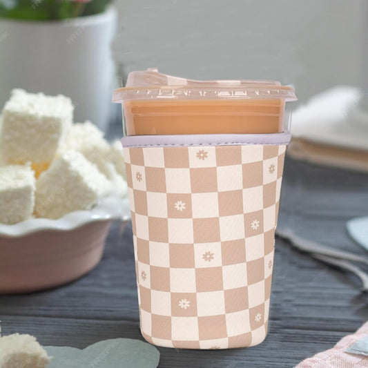 Reusable Insulated Neoprene Iced Coffee Cup Sleeve, Durable Drink Sleeve for Cold Beverages, Beverage Holder for Iced Coffee (Floral Checkers)