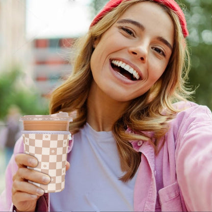 Reusable Insulated Neoprene Iced Coffee Cup Sleeve, Durable Drink Sleeve for Cold Beverages, Beverage Holder for Iced Coffee (Floral Checkers)