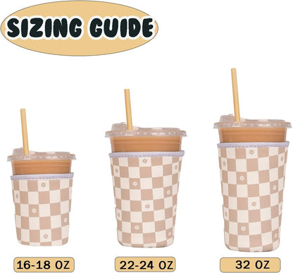 Reusable Insulated Neoprene Iced Coffee Cup Sleeve, Durable Drink Sleeve for Cold Beverages, Beverage Holder for Iced Coffee (Floral Checkers)