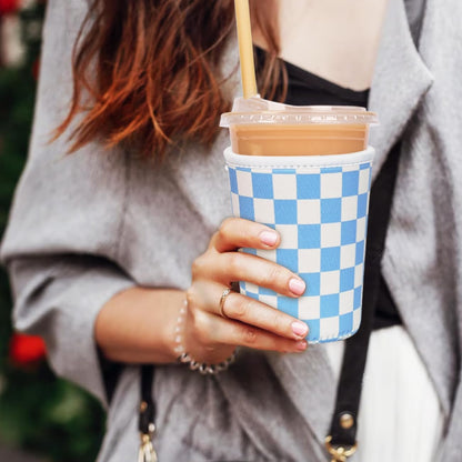 Reusable Insulated Neoprene Iced Coffee Cup Sleeve, Durable Drink Sleeve for Cold Beverages, Beverage Holder for Iced Coffee (Floral Checkers)