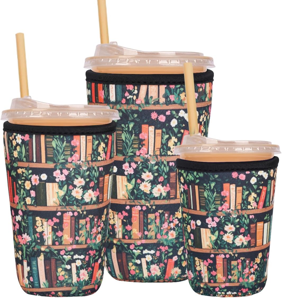 Reusable Insulated Neoprene Iced Coffee Cup Sleeve, Durable Drink Sleeve for Cold Beverages, Beverage Holder for Iced Coffee (Floral Checkers)