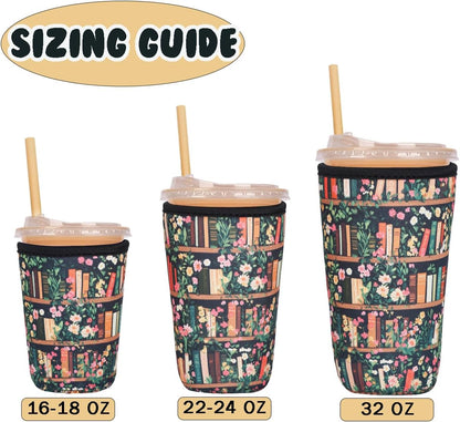 Reusable Insulated Neoprene Iced Coffee Cup Sleeve, Durable Drink Sleeve for Cold Beverages, Beverage Holder for Iced Coffee (Floral Checkers)