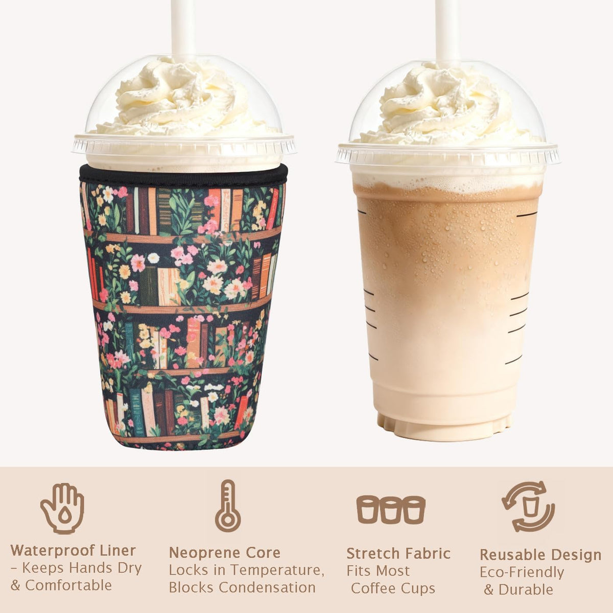 Reusable Insulated Neoprene Iced Coffee Cup Sleeve, Durable Drink Sleeve for Cold Beverages, Beverage Holder for Iced Coffee (Floral Checkers)