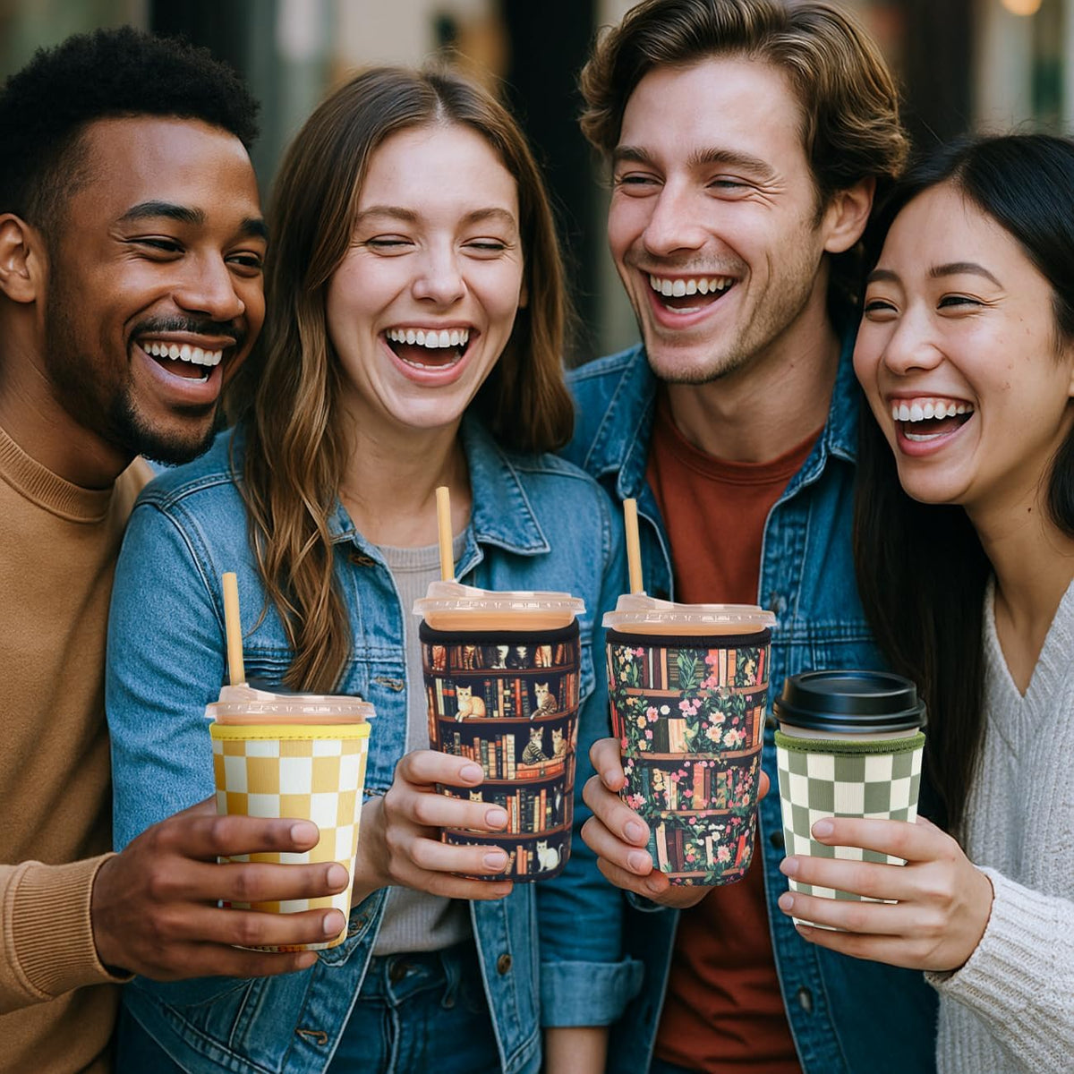 Reusable Insulated Neoprene Iced Coffee Cup Sleeve, Durable Drink Sleeve for Cold Beverages, Beverage Holder for Iced Coffee (Floral Checkers)
