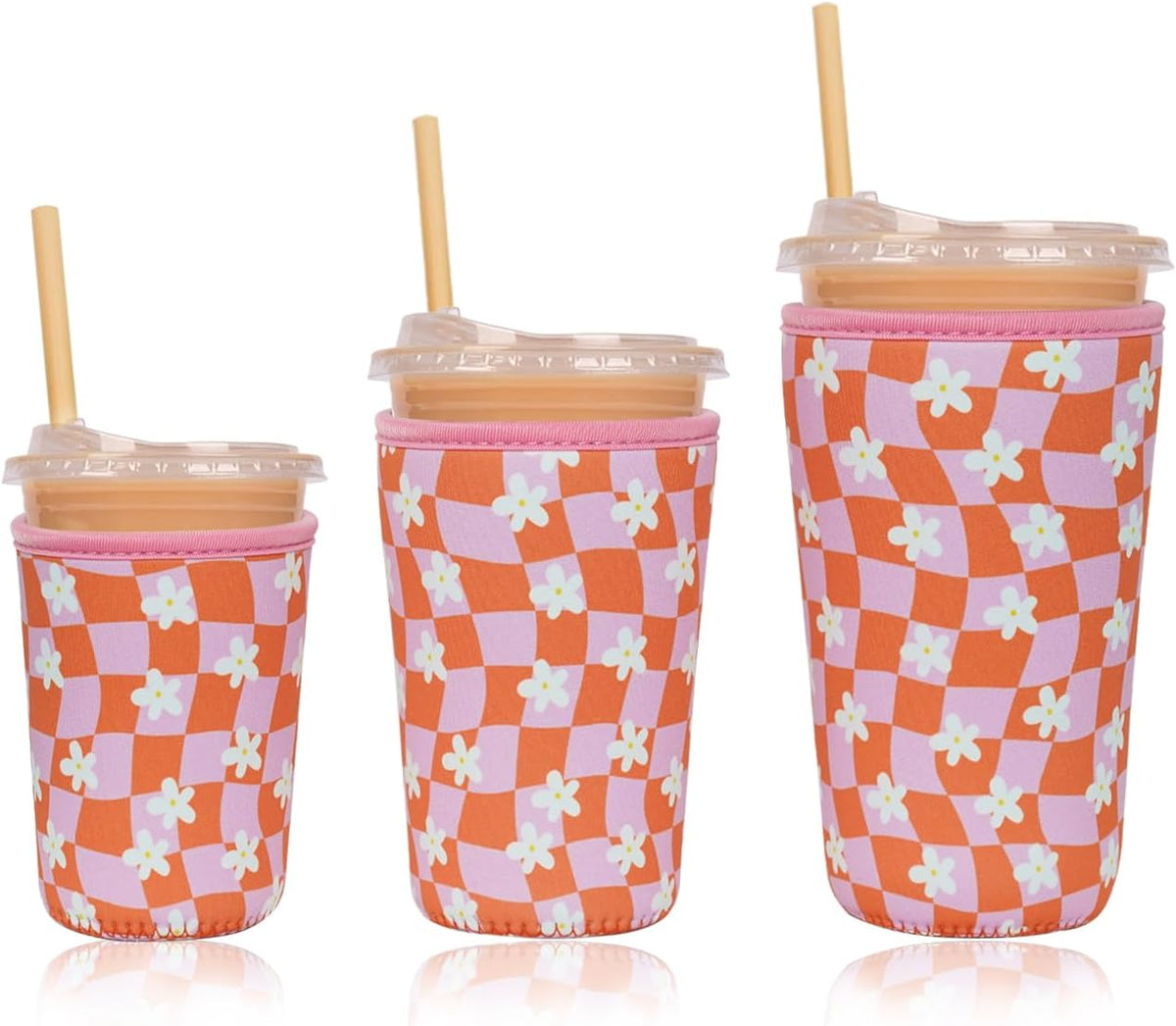 Reusable Insulated Neoprene Iced Coffee Cup Sleeve, Durable Drink Sleeve for Cold Beverages, Beverage Holder for Iced Coffee (Floral Checkers)