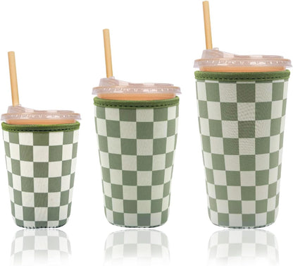 Reusable Insulated Neoprene Iced Coffee Cup Sleeve, Durable Drink Sleeve for Cold Beverages, Beverage Holder for Iced Coffee (Floral Checkers)