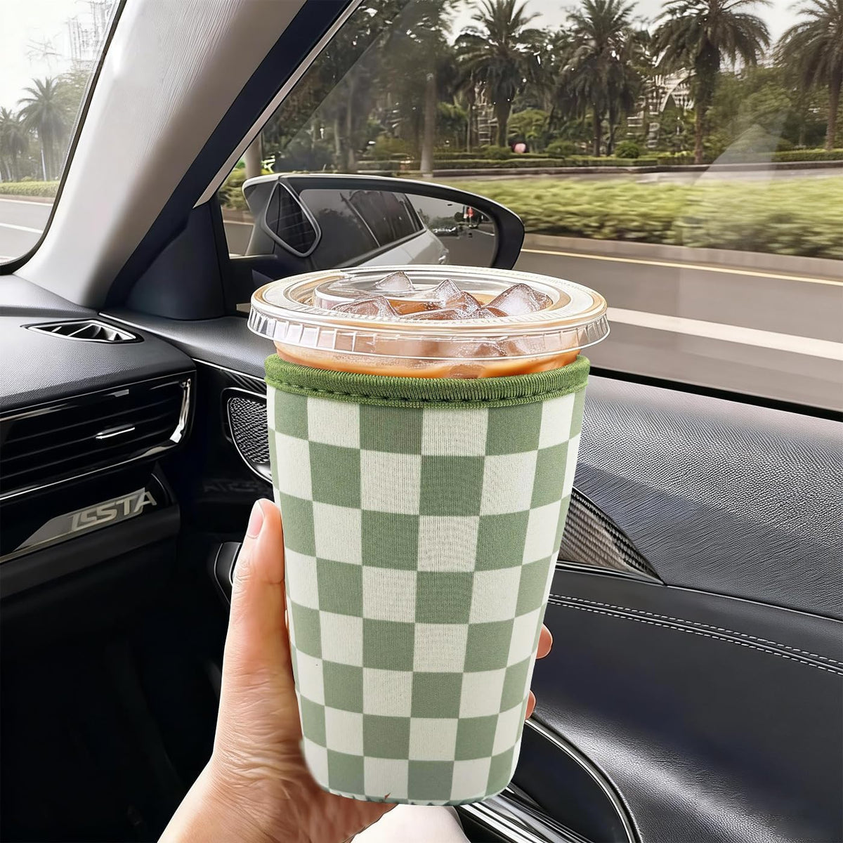 Reusable Insulated Neoprene Iced Coffee Cup Sleeve, Durable Drink Sleeve for Cold Beverages, Beverage Holder for Iced Coffee (Floral Checkers)