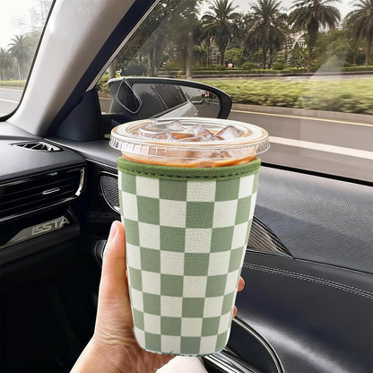 Reusable Insulated Neoprene Iced Coffee Cup Sleeve, Durable Drink Sleeve for Cold Beverages, Beverage Holder for Iced Coffee (Floral Checkers)