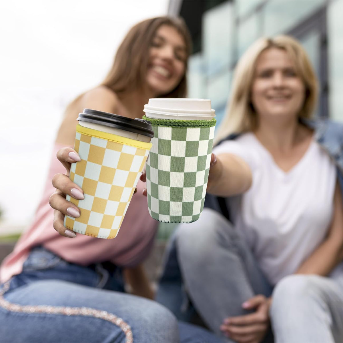 Reusable Insulated Neoprene Iced Coffee Cup Sleeve, Durable Drink Sleeve for Cold Beverages, Beverage Holder for Iced Coffee (Floral Checkers)