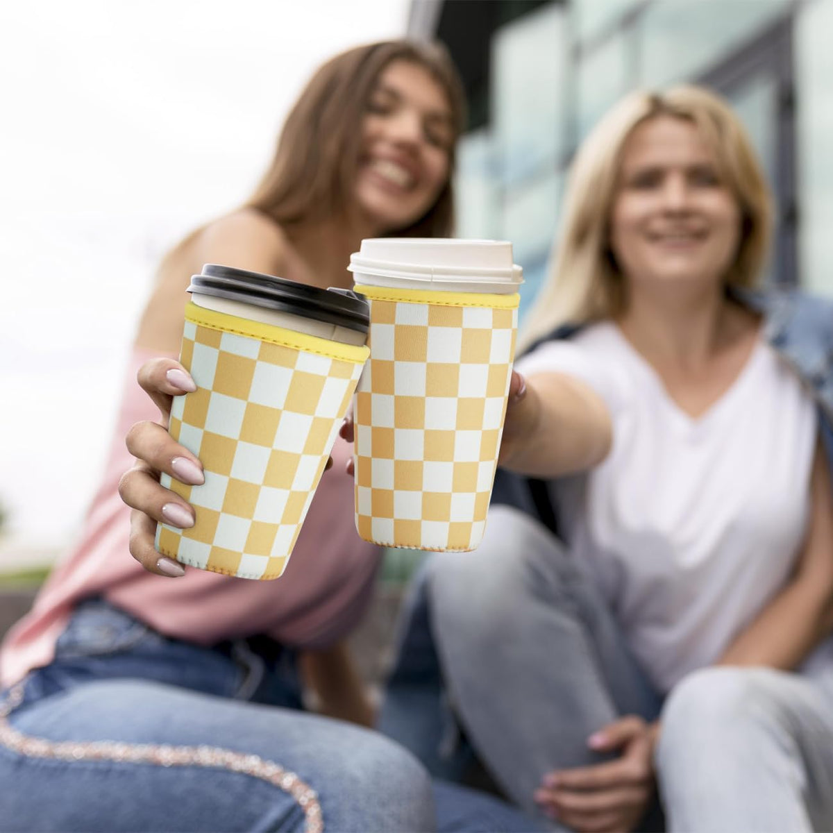 Reusable Insulated Neoprene Iced Coffee Cup Sleeve, Durable Drink Sleeve for Cold Beverages, Beverage Holder for Iced Coffee (Floral Checkers)
