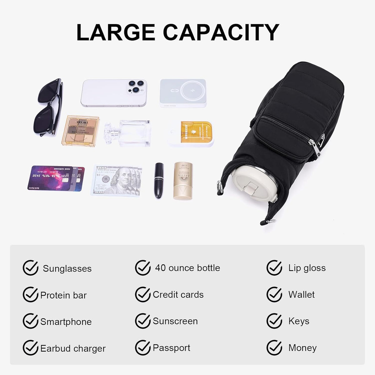 Water Bottle Bag 40 oz Crossbody Bag Insulated Carrier Purse Holder for Walking Hiking with Adjustable Strap