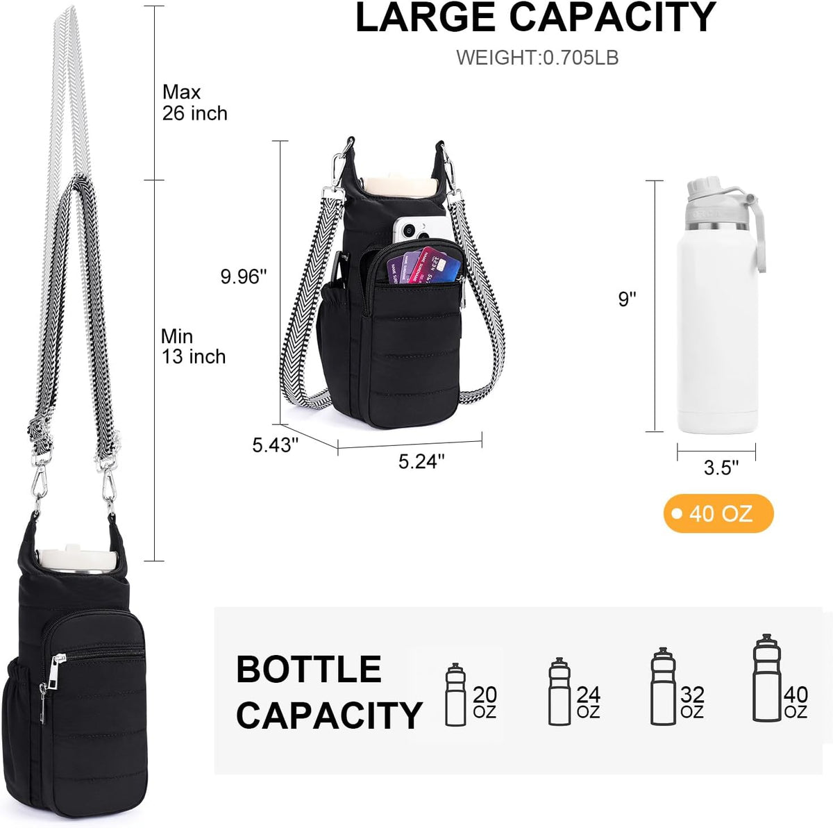 Water Bottle Bag 40 oz Crossbody Bag Insulated Carrier Purse Holder for Walking Hiking with Adjustable Strap