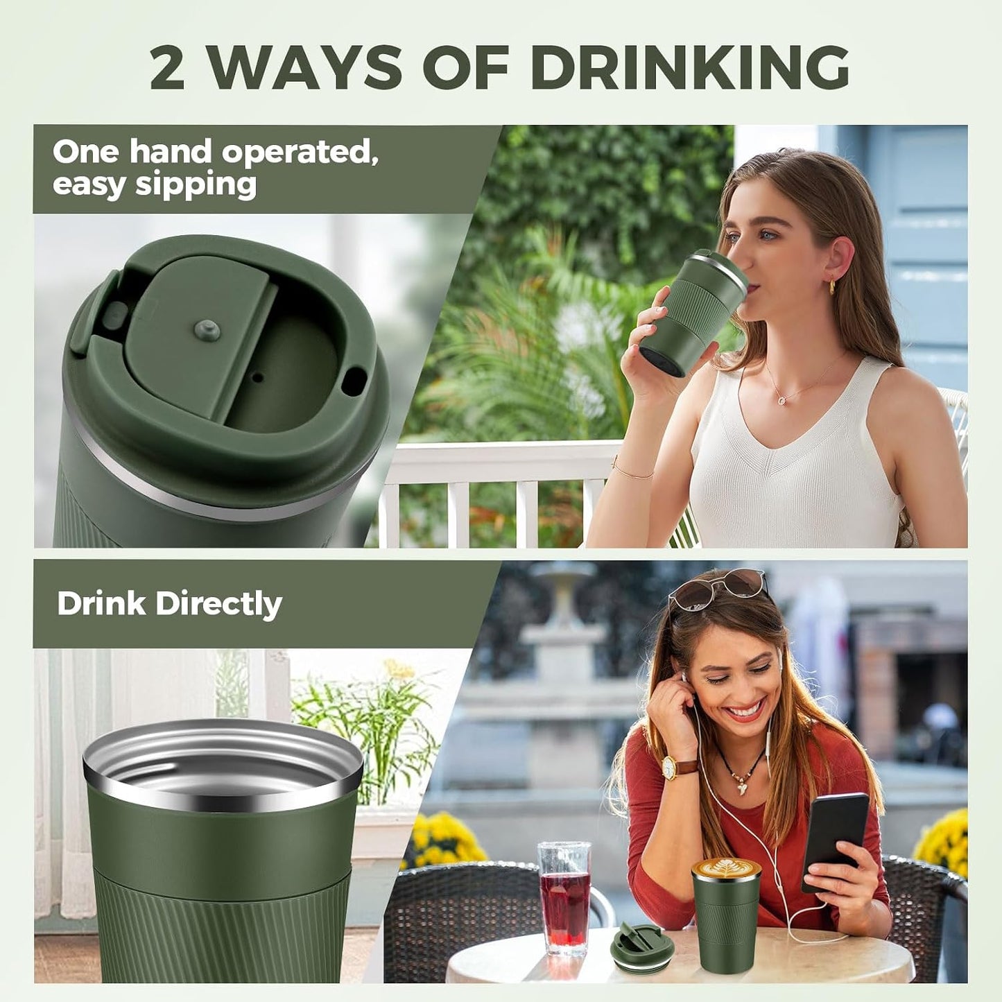 Volhoply 13 oz Stainless Steel Insulated Travel Coffee Mug with Fip Lid,Reusable Double Wall Vacuum Metal Coffee Cup,Portable to Go Leak Proof Cafe Thermal Tumbler for Hot & Cold Drinks(Gray,1)