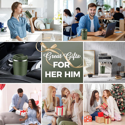 Volhoply 13 oz Stainless Steel Insulated Travel Coffee Mug with Fip Lid,Reusable Double Wall Vacuum Metal Coffee Cup,Portable to Go Leak Proof Cafe Thermal Tumbler for Hot & Cold Drinks(Gray,1)
