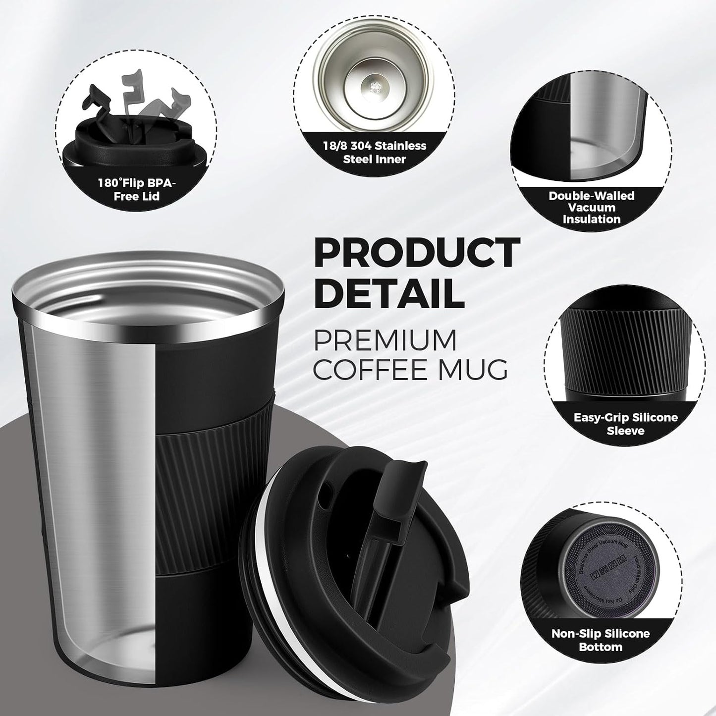 Volhoply 13 oz Stainless Steel Insulated Travel Coffee Mug with Fip Lid,Reusable Double Wall Vacuum Metal Coffee Cup,Portable to Go Leak Proof Cafe Thermal Tumbler for Hot & Cold Drinks(Gray,1)