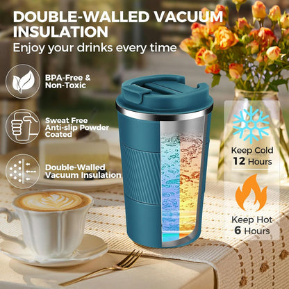 Volhoply 13 oz Stainless Steel Insulated Travel Coffee Mug with Fip Lid,Reusable Double Wall Vacuum Metal Coffee Cup,Portable to Go Leak Proof Cafe Thermal Tumbler for Hot & Cold Drinks(Gray,1)