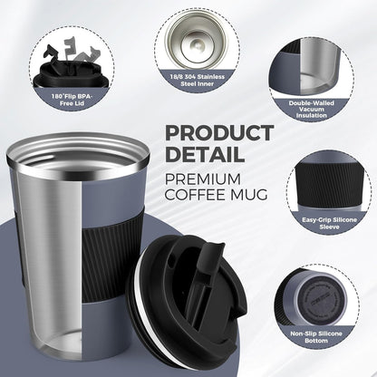 Volhoply 13 oz Stainless Steel Insulated Travel Coffee Mug with Fip Lid,Reusable Double Wall Vacuum Metal Coffee Cup,Portable to Go Leak Proof Cafe Thermal Tumbler for Hot & Cold Drinks(Gray,1)