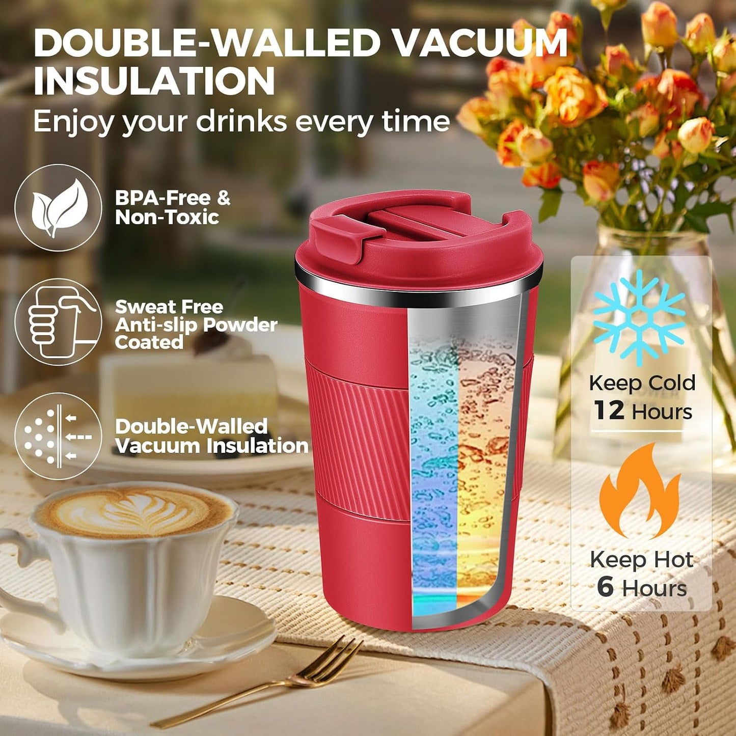 Volhoply 13 oz Stainless Steel Insulated Travel Coffee Mug with Fip Lid,Reusable Double Wall Vacuum Metal Coffee Cup,Portable to Go Leak Proof Cafe Thermal Tumbler for Hot & Cold Drinks(Gray,1)