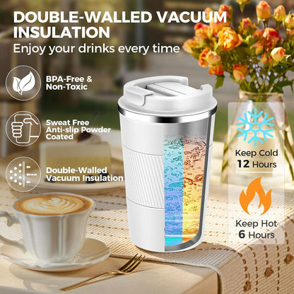 Volhoply 13 oz Stainless Steel Insulated Travel Coffee Mug with Fip Lid,Reusable Double Wall Vacuum Metal Coffee Cup,Portable to Go Leak Proof Cafe Thermal Tumbler for Hot & Cold Drinks(Gray,1)