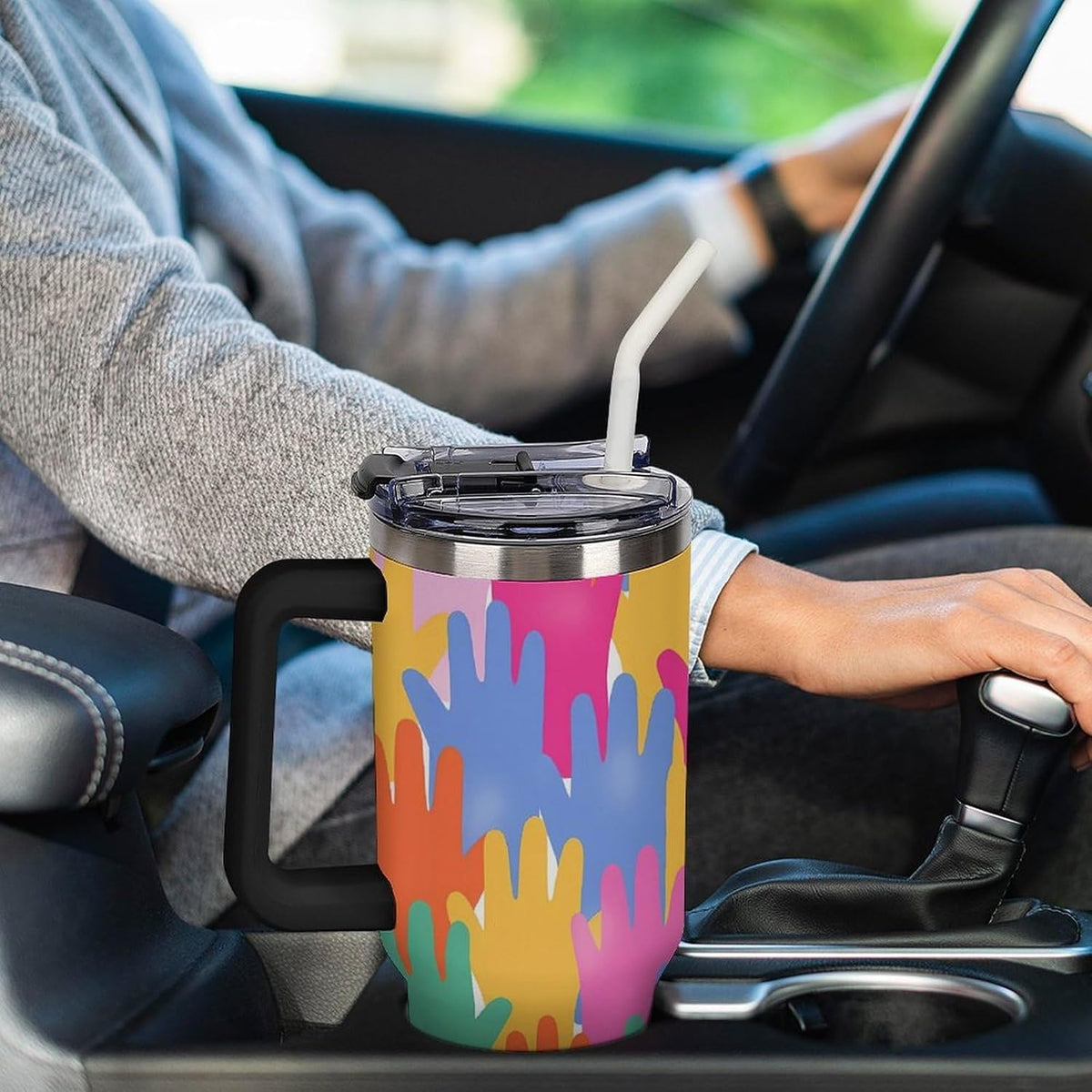 Leakproof Tumbler Vacuum Sealed Car Holder Friendly For Travel Teal And Peach Tropical Palm Leaf Pattern Water Tumbler white-style-23 - Colors B