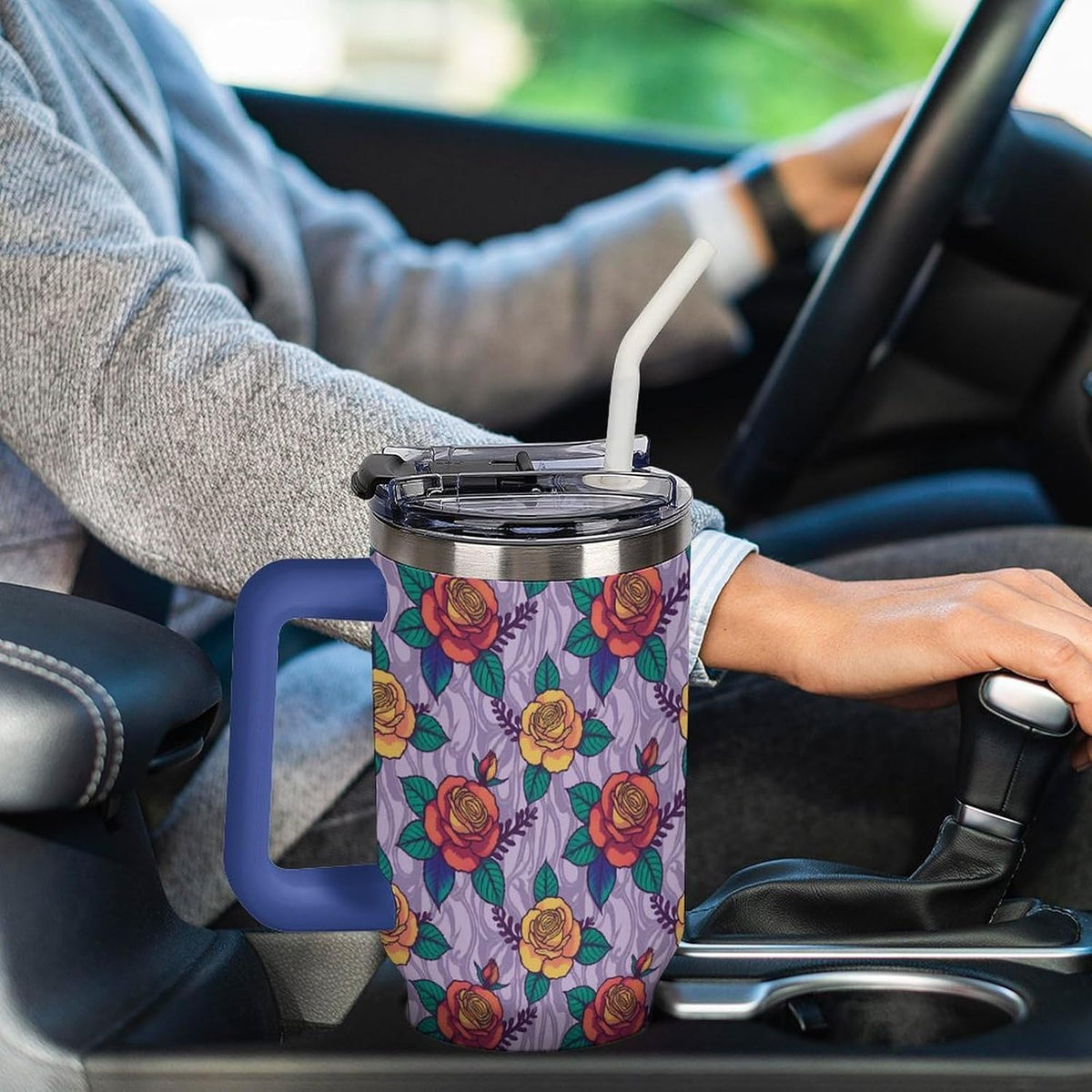 Leakproof Tumbler Vacuum Sealed Car Holder Friendly For Travel Teal And Peach Tropical Palm Leaf Pattern Water Tumbler white-style-23 - Colors B
