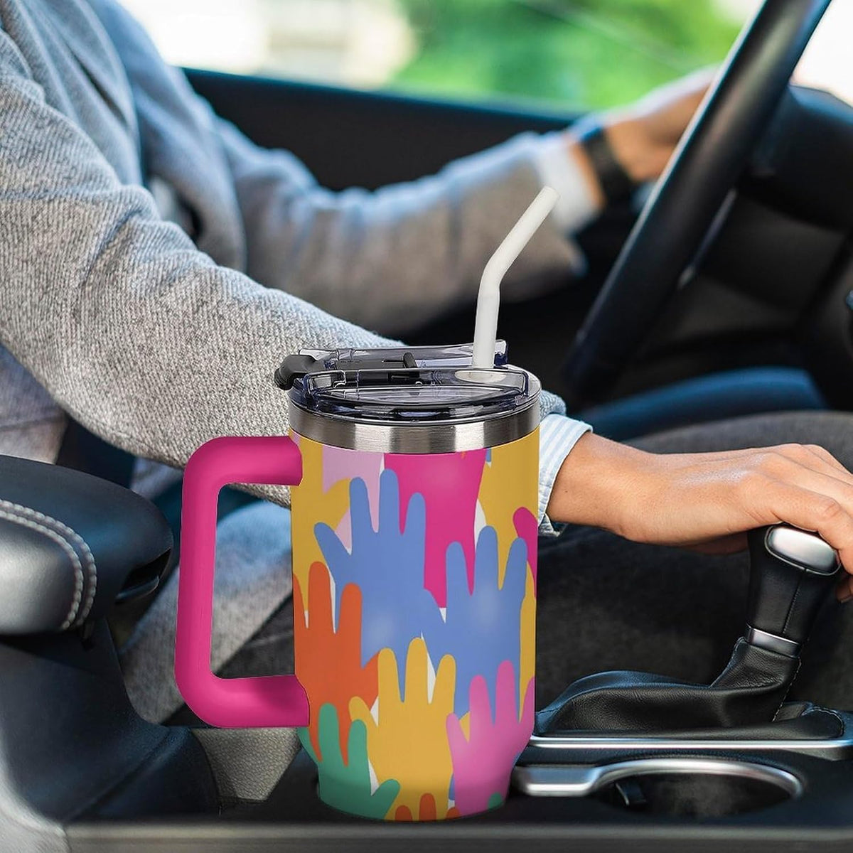 Leakproof Tumbler Vacuum Sealed Car Holder Friendly For Travel Teal And Peach Tropical Palm Leaf Pattern Water Tumbler white-style-23 - Colors B