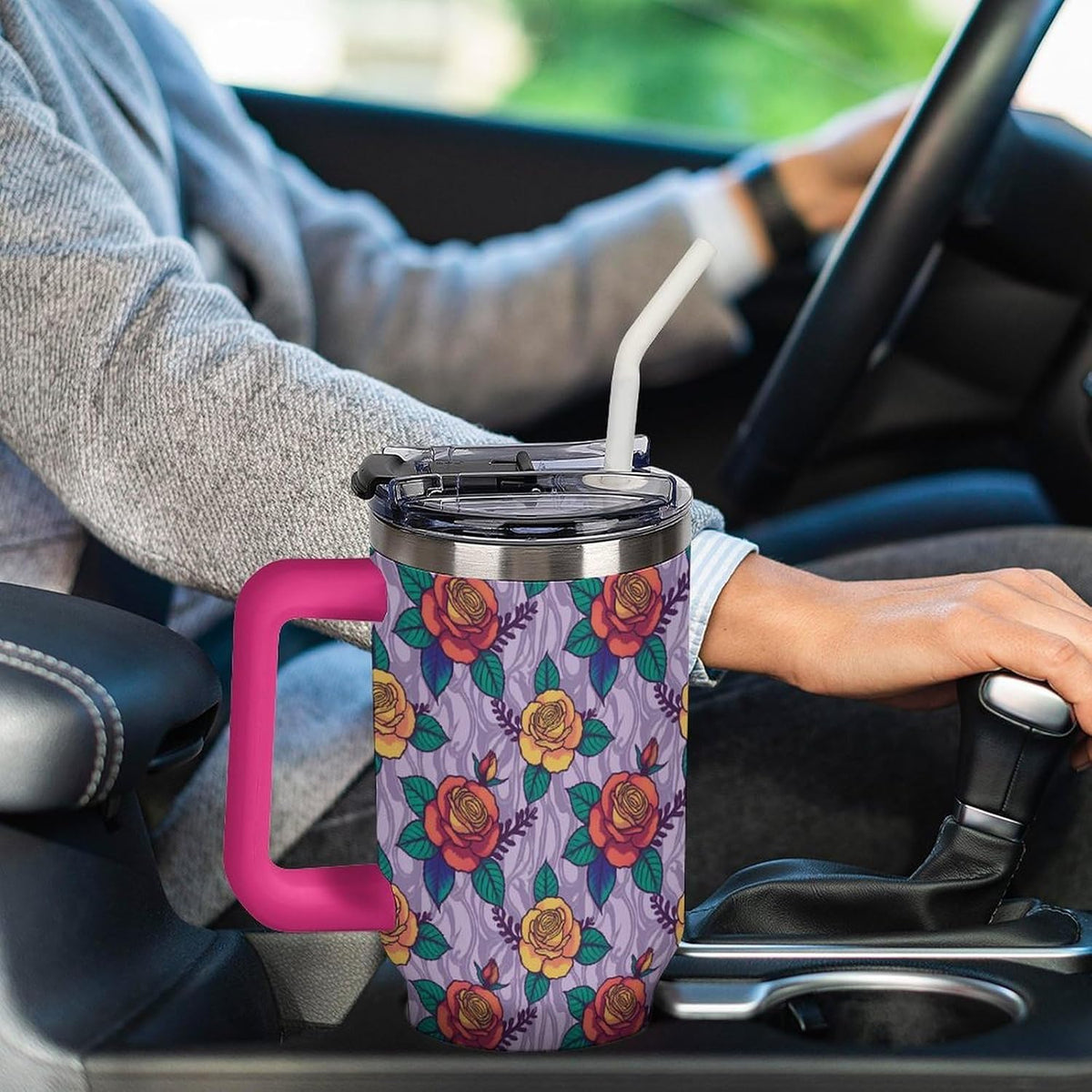 Leakproof Tumbler Vacuum Sealed Car Holder Friendly For Travel Teal And Peach Tropical Palm Leaf Pattern Water Tumbler white-style-23 - Colors B