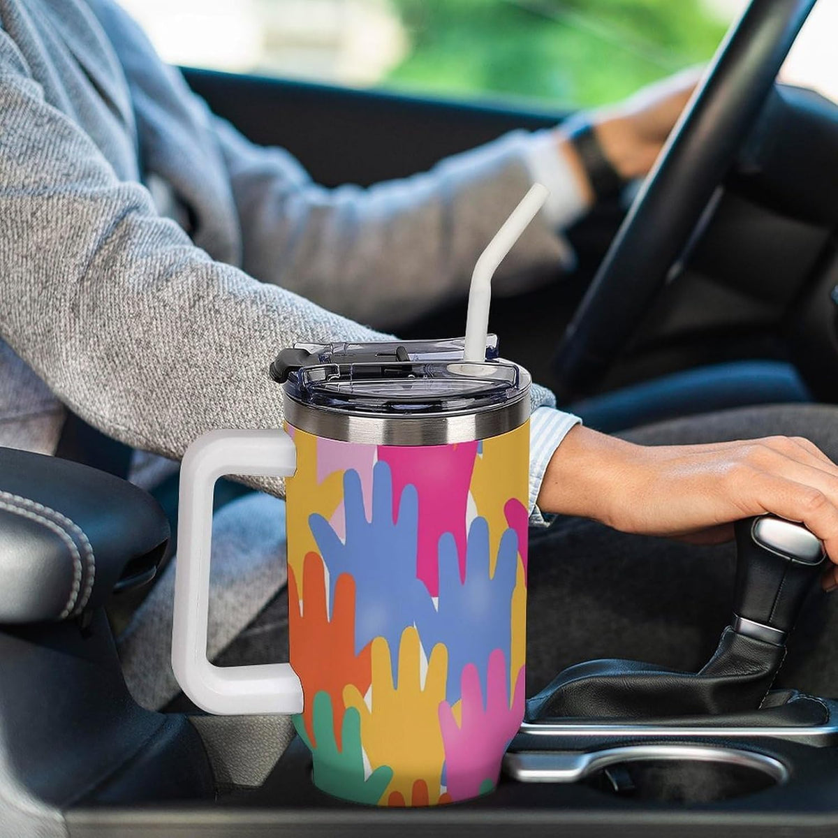 Leakproof Tumbler Vacuum Sealed Car Holder Friendly For Travel Teal And Peach Tropical Palm Leaf Pattern Water Tumbler white-style-23 - Colors B