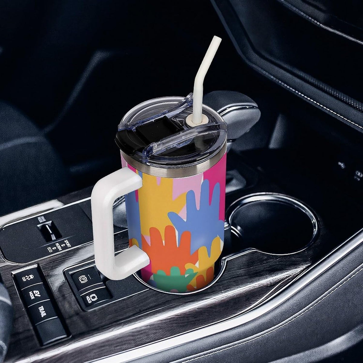 Leakproof Tumbler Vacuum Sealed Car Holder Friendly For Travel Teal And Peach Tropical Palm Leaf Pattern Water Tumbler white-style-23 - Colors B