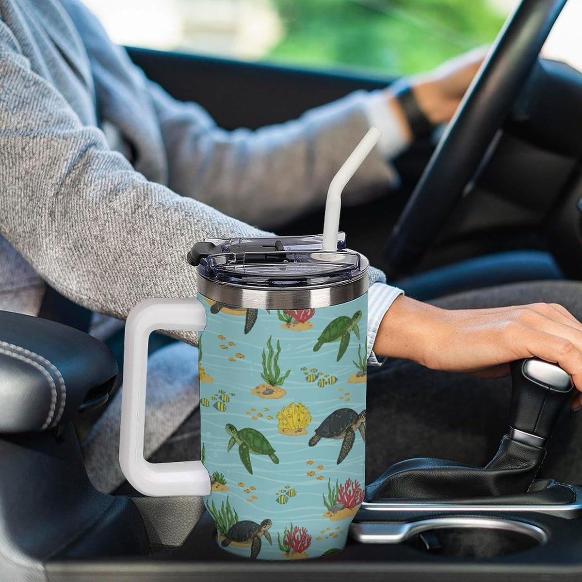 Leakproof Tumbler Vacuum Sealed Car Holder Friendly For Travel Teal And Peach Tropical Palm Leaf Pattern Water Tumbler white-style-23 - Colors B