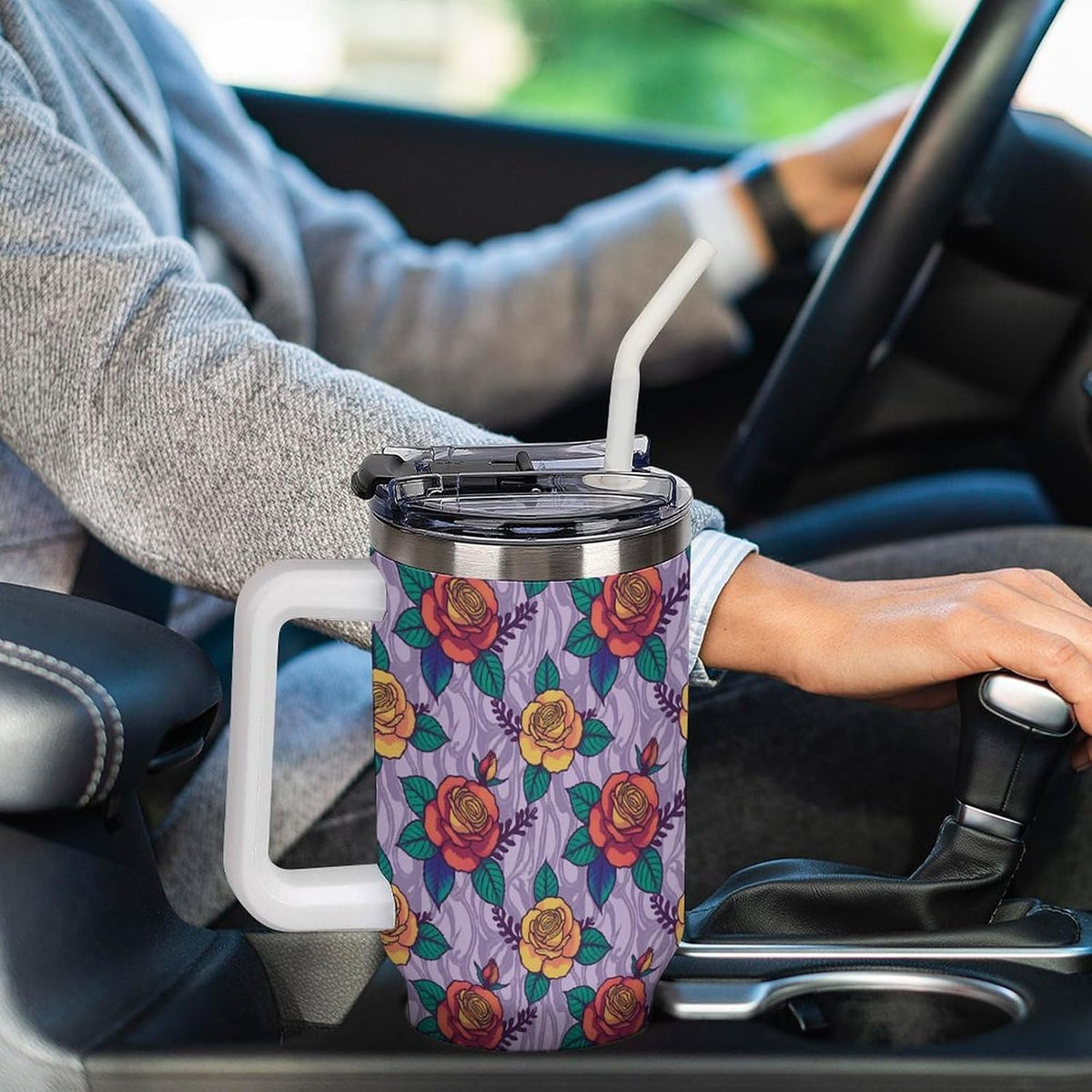 Leakproof Tumbler Vacuum Sealed Car Holder Friendly For Travel Teal And Peach Tropical Palm Leaf Pattern Water Tumbler white-style-23 - Colors B