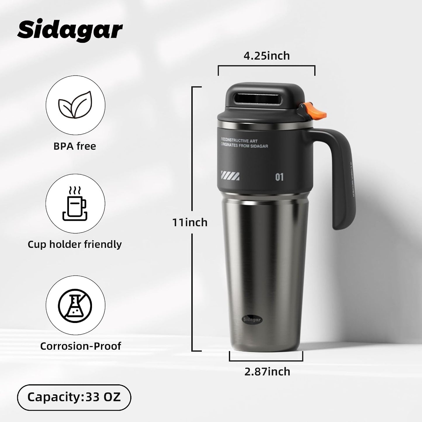32 oz Insulated Tumbler with Push-button Lid and Handle, Black | 316L Stainless Steel, Leakproof Lid, Double-Wall Vacuum Insulation, Keeps Drinks Hot or Cold for Work, Travel & Daily Use