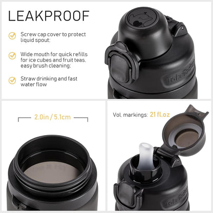 Collapsible Water Bottles 21oz (600mL), Foldable Platinum Silicone Travel Water Bottle with Straw & Carry Strap, Leak-Resistant Screw Lid, Wide Mouth, BPA-Free for Hiking, Camping, Travel