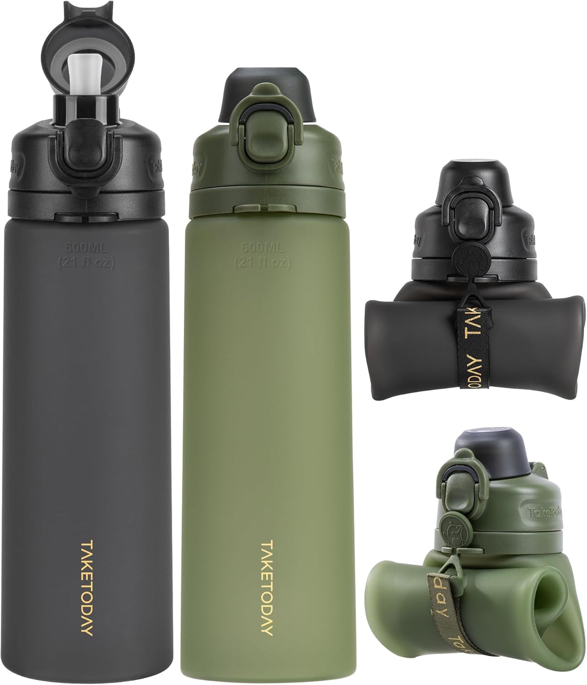 Collapsible Water Bottles 21oz (600mL), Foldable Platinum Silicone Travel Water Bottle with Straw & Carry Strap, Leak-Resistant Screw Lid, Wide Mouth, BPA-Free for Hiking, Camping, Travel