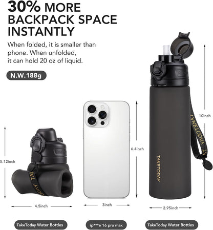 Collapsible Water Bottles 21oz (600mL), Foldable Platinum Silicone Travel Water Bottle with Straw & Carry Strap, Leak-Resistant Screw Lid, Wide Mouth, BPA-Free for Hiking, Camping, Travel