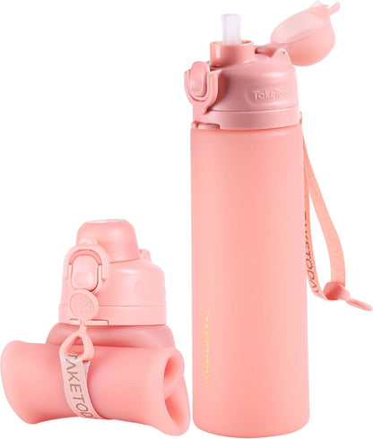 Collapsible Water Bottles 21oz (600mL), Foldable Platinum Silicone Travel Water Bottle with Straw & Carry Strap, Leak-Resistant Screw Lid, Wide Mouth, BPA-Free for Hiking, Camping, Travel