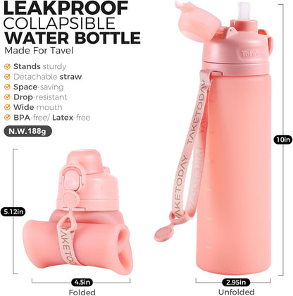 Collapsible Water Bottles 21oz (600mL), Foldable Platinum Silicone Travel Water Bottle with Straw & Carry Strap, Leak-Resistant Screw Lid, Wide Mouth, BPA-Free for Hiking, Camping, Travel