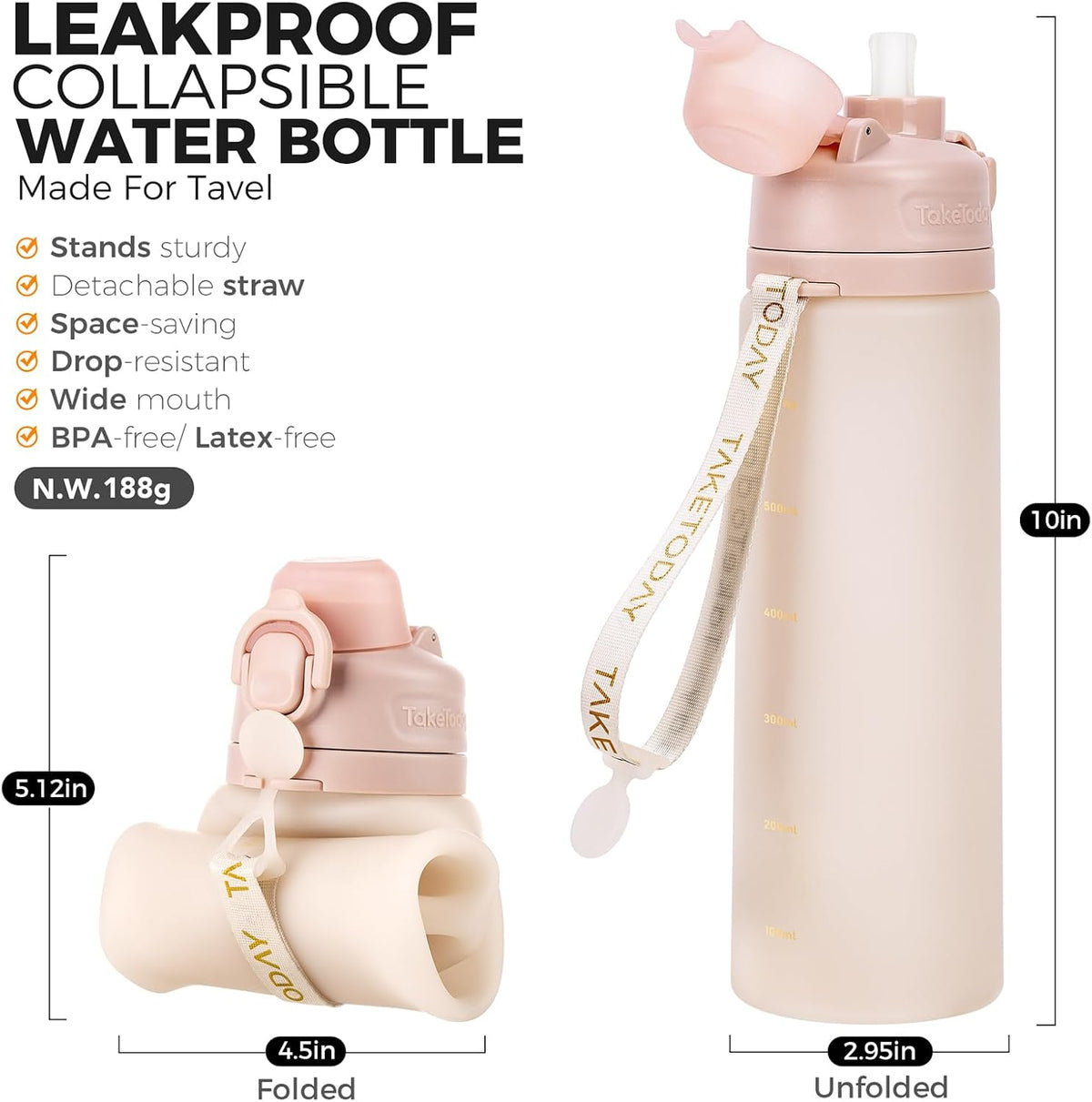 Collapsible Water Bottles 21oz (600mL), Foldable Platinum Silicone Travel Water Bottle with Straw & Carry Strap, Leak-Resistant Screw Lid, Wide Mouth, BPA-Free for Hiking, Camping, Travel
