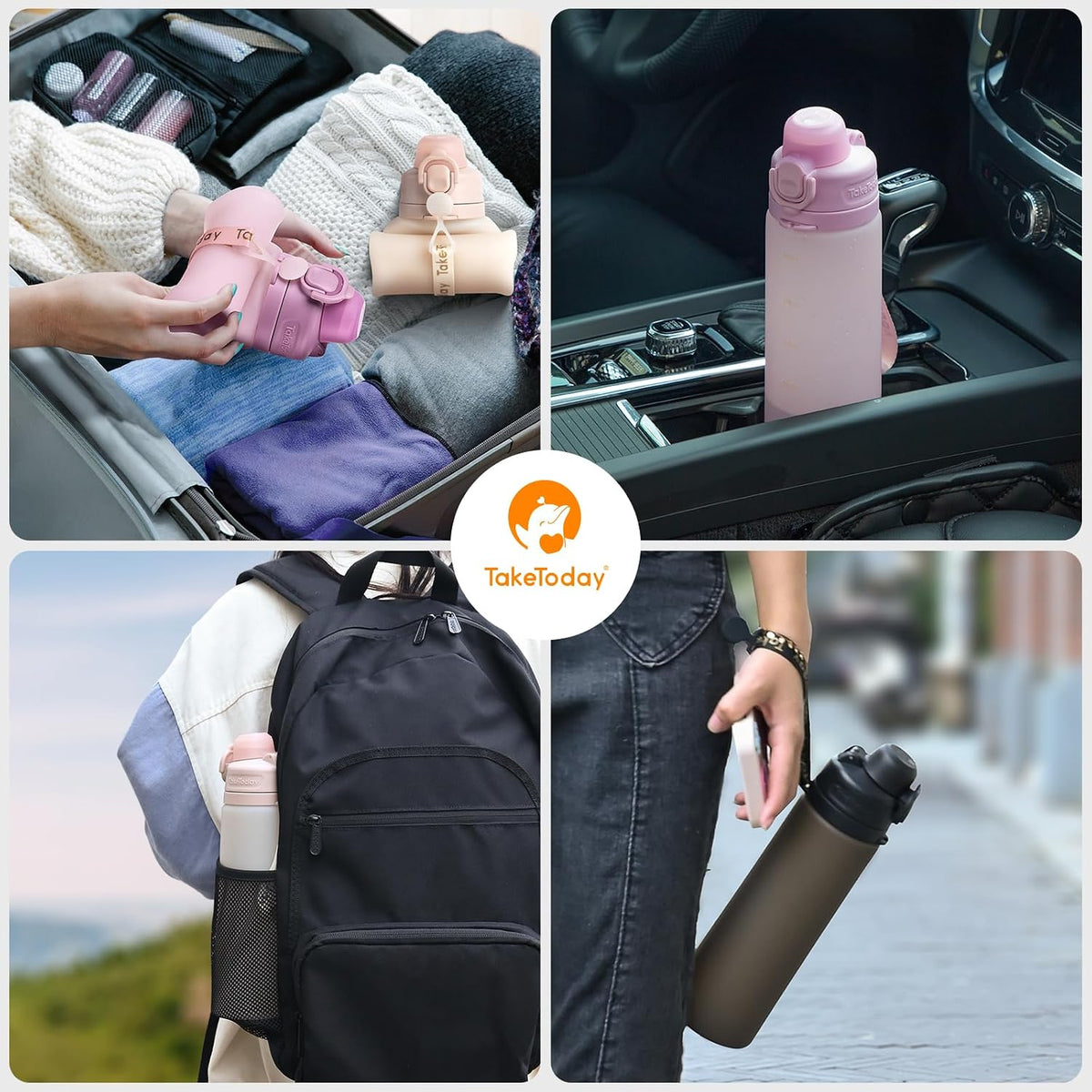 Collapsible Water Bottles 21oz (600mL), Foldable Platinum Silicone Travel Water Bottle with Straw & Carry Strap, Leak-Resistant Screw Lid, Wide Mouth, BPA-Free for Hiking, Camping, Travel