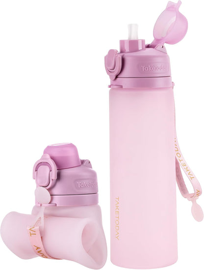 Collapsible Water Bottles 21oz (600mL), Foldable Platinum Silicone Travel Water Bottle with Straw & Carry Strap, Leak-Resistant Screw Lid, Wide Mouth, BPA-Free for Hiking, Camping, Travel