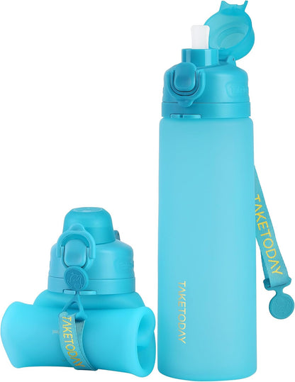 Collapsible Water Bottles 21oz (600mL), Foldable Platinum Silicone Travel Water Bottle with Straw & Carry Strap, Leak-Resistant Screw Lid, Wide Mouth, BPA-Free for Hiking, Camping, Travel