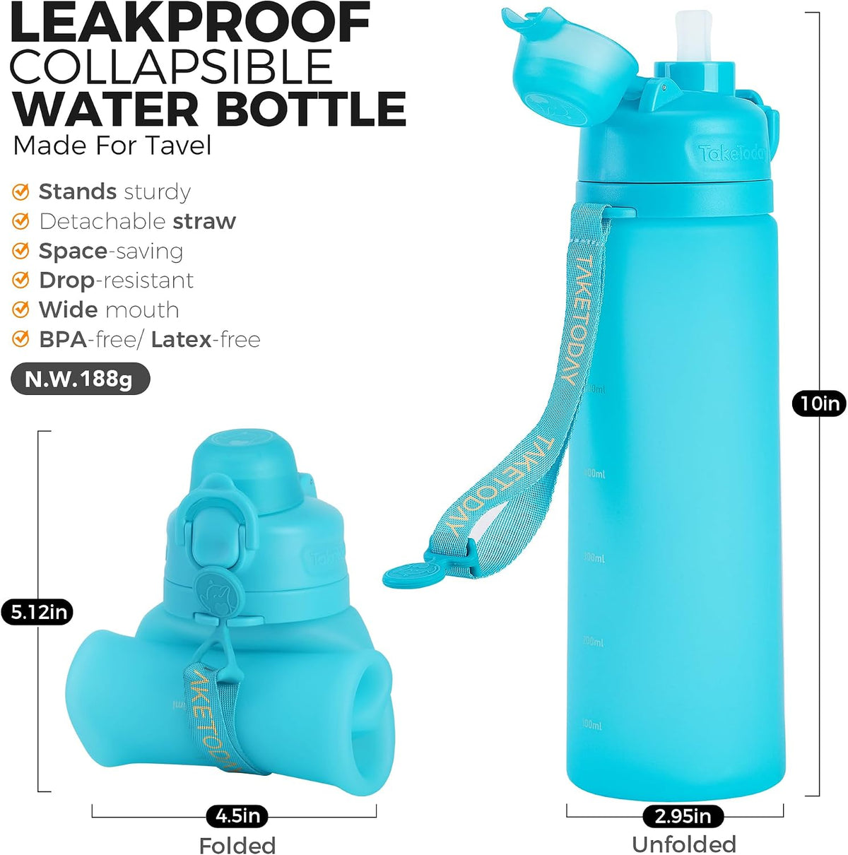 Collapsible Water Bottles 21oz (600mL), Foldable Platinum Silicone Travel Water Bottle with Straw & Carry Strap, Leak-Resistant Screw Lid, Wide Mouth, BPA-Free for Hiking, Camping, Travel