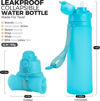 Collapsible Water Bottles 21oz (600mL), Foldable Platinum Silicone Travel Water Bottle with Straw & Carry Strap, Leak-Resistant Screw Lid, Wide Mouth, BPA-Free for Hiking, Camping, Travel