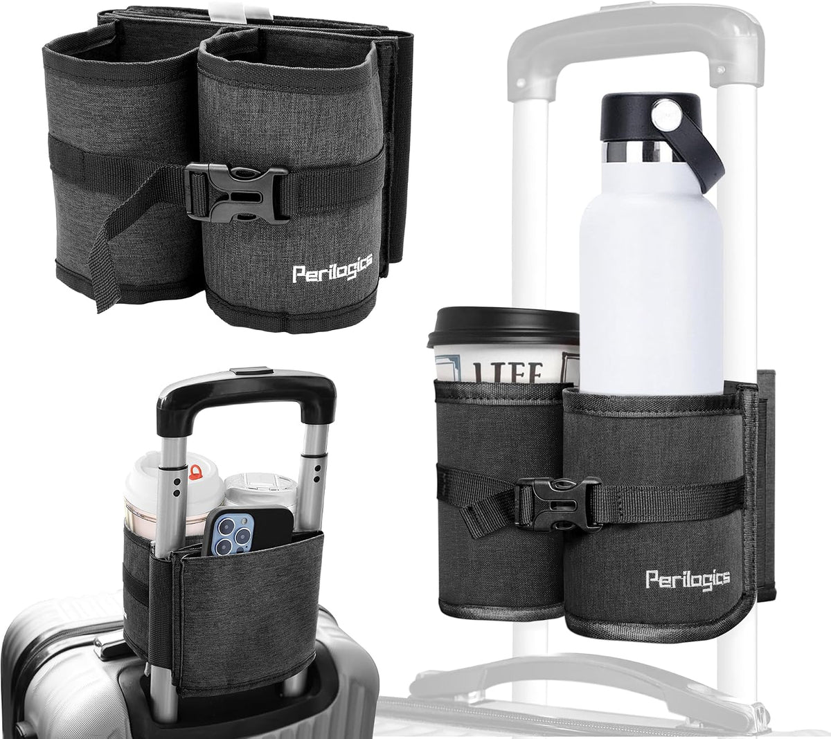 Luggage Travel Cup Holder Hands Free Drink Caddy for Suitcase Handle. Perfect Airplane Travel Essential Accessory Gift for Frequent Traveler, Flight Attendant or with Children (Dark Gray)