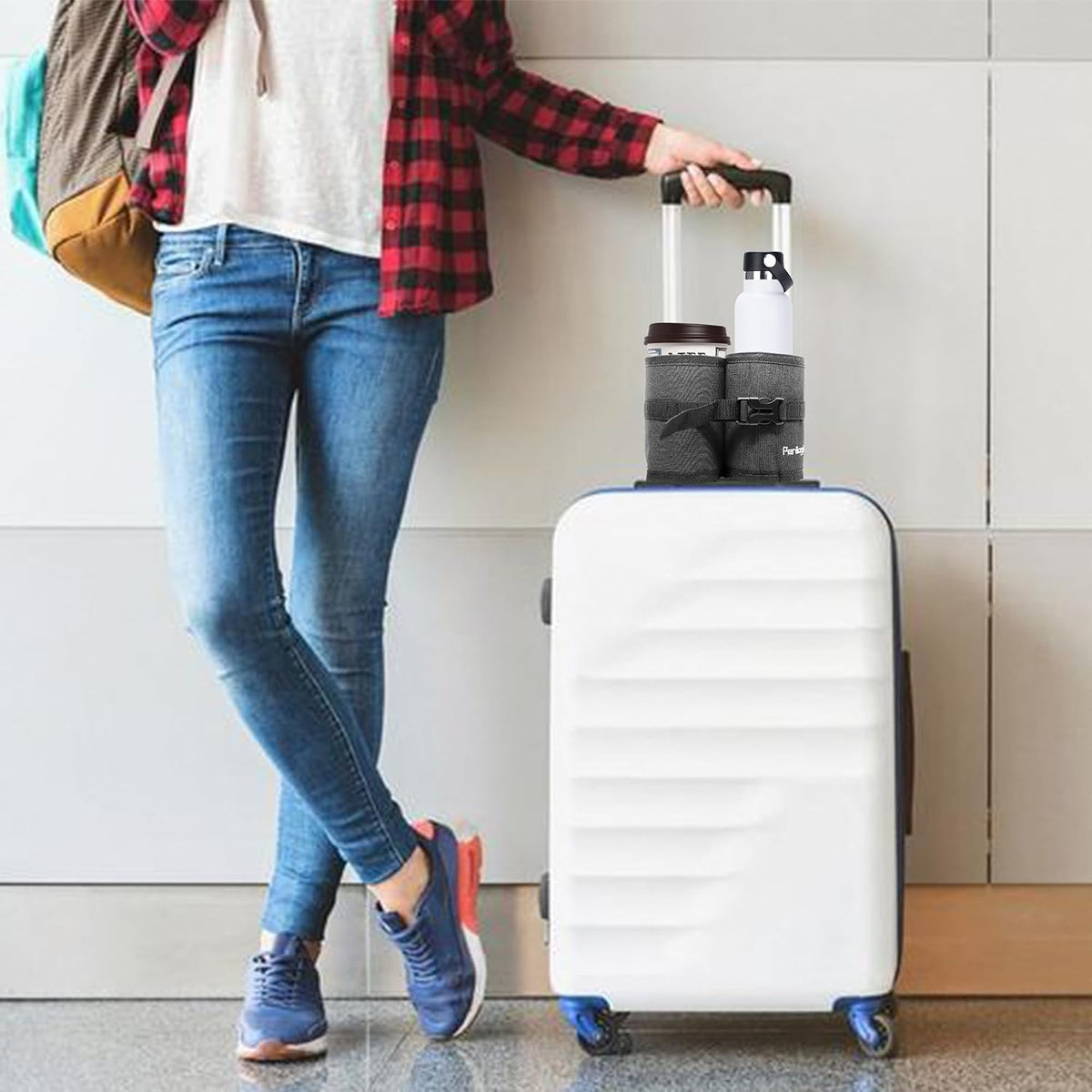 Luggage Travel Cup Holder Hands Free Drink Caddy for Suitcase Handle. Perfect Airplane Travel Essential Accessory Gift for Frequent Traveler, Flight Attendant or with Children (Dark Gray)
