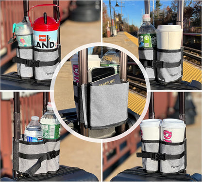 Luggage Travel Cup Holder Hands Free Drink Caddy for Suitcase Handle. Perfect Airplane Travel Essential Accessory Gift for Frequent Traveler, Flight Attendant or with Children (Dark Gray)