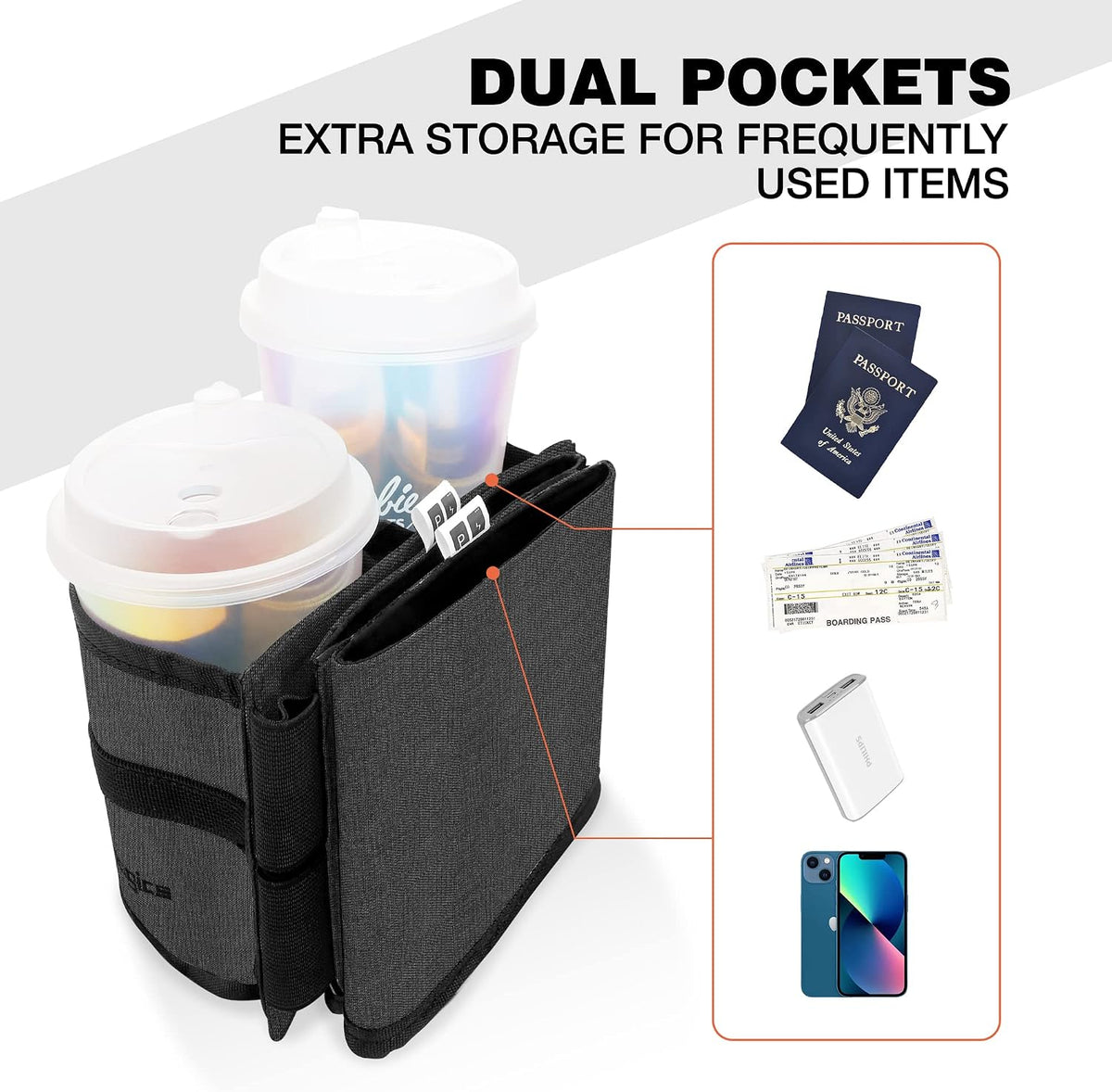 Luggage Travel Cup Holder Hands Free Drink Caddy for Suitcase Handle. Perfect Airplane Travel Essential Accessory Gift for Frequent Traveler, Flight Attendant or with Children (Dark Gray)