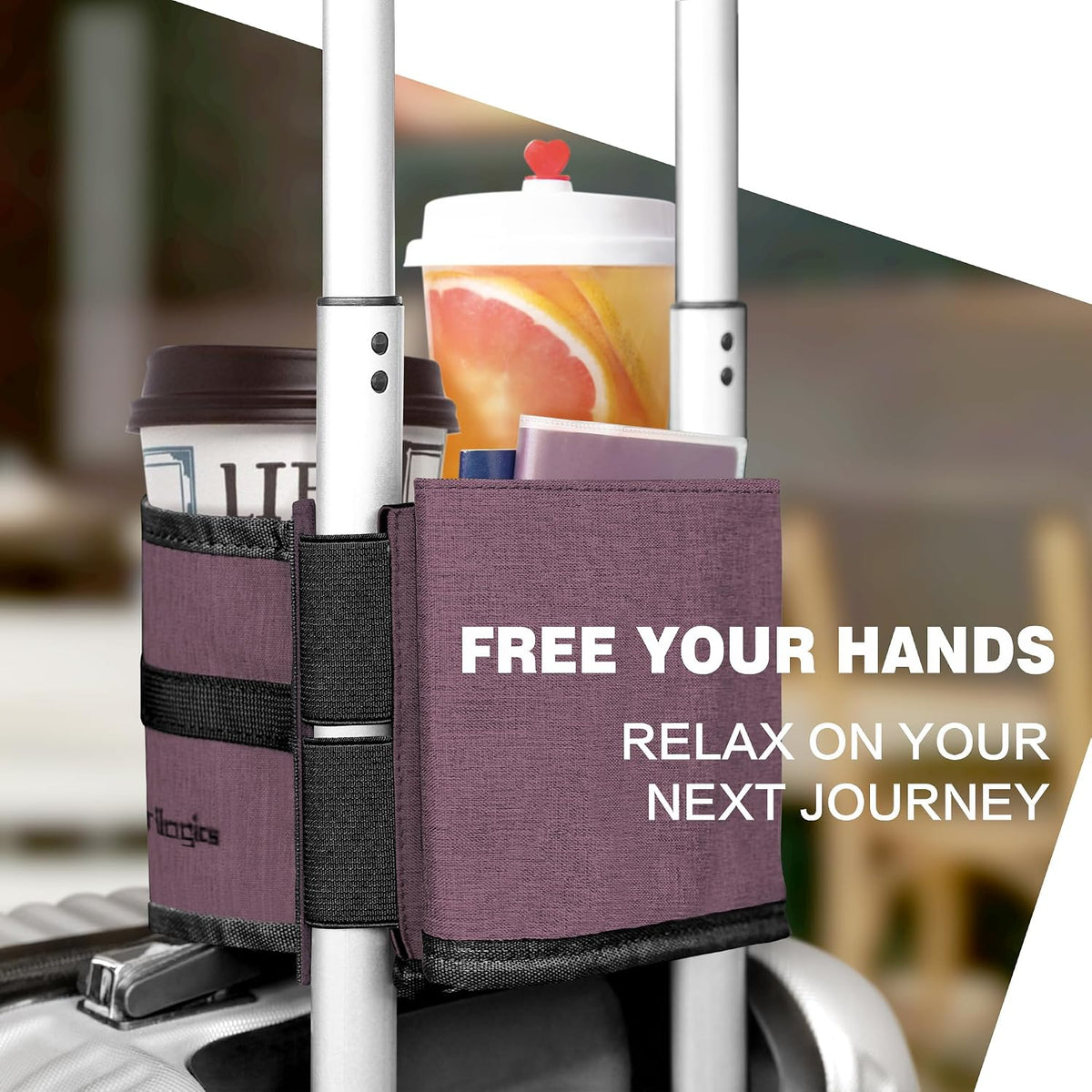 Luggage Travel Cup Holder Hands Free Drink Caddy for Suitcase Handle. Perfect Airplane Travel Essential Accessory Gift for Frequent Traveler, Flight Attendant or with Children (Dark Gray)