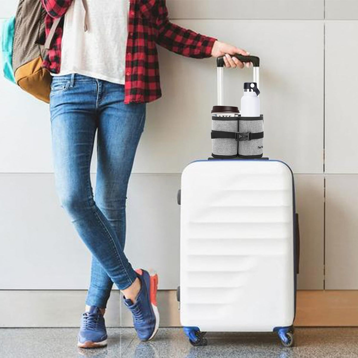 Luggage Travel Cup Holder Hands Free Drink Caddy for Suitcase Handle. Perfect Airplane Travel Essential Accessory Gift for Frequent Traveler, Flight Attendant or with Children (Dark Gray)